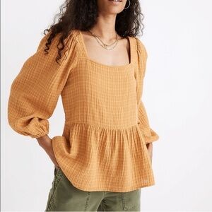 Madewell Lightspun Millbrook Puff Sleeve Peplum Top Size S Boho Square Neck